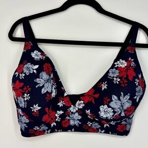 Nautica Womens 38DD Wire Free Bra Navy Blue Red White Floral Back Close Lined